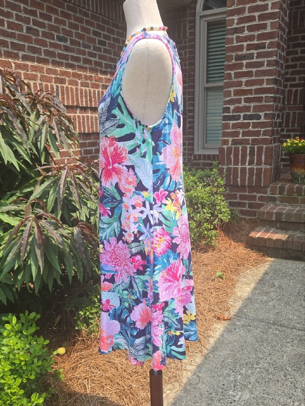 Tommy Bahama Tropical Floral Sleeveless A-Line Dress - Navy Background - Picture 2 of 10